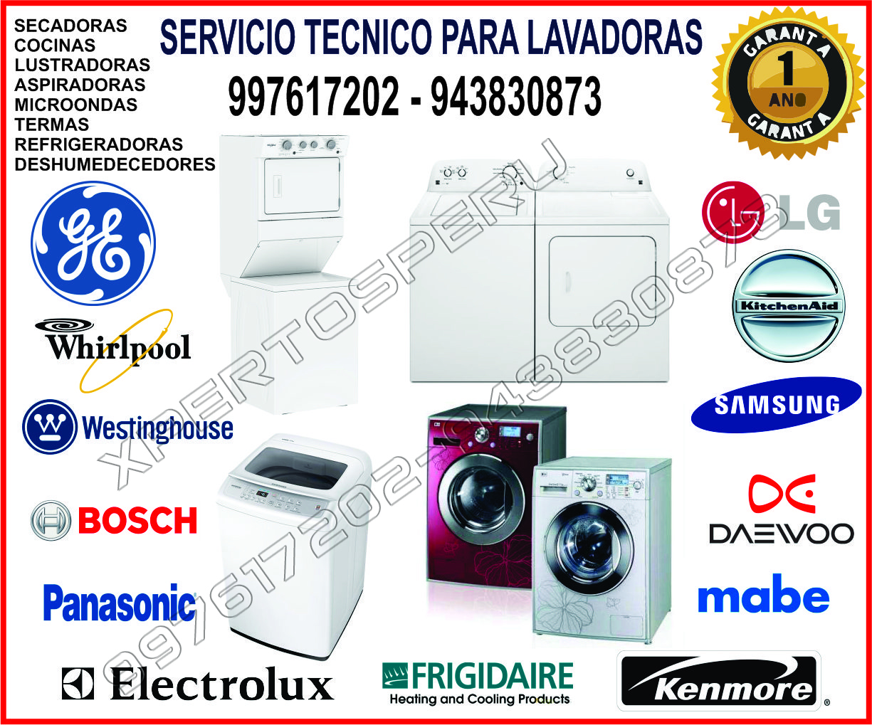 SERVICIO TECNICO PARA LAVADORAS SECADORAS FRIGIDAIRE WHIRPOOL GENERAL WESTING HOUSE LG OTROS 997617202